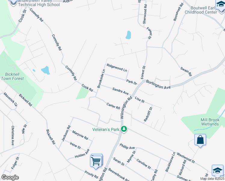 map of restaurants, bars, coffee shops, grocery stores, and more near 7 Sandra Avenue in Burlington