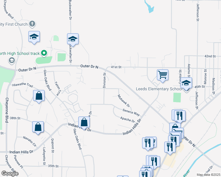 map of restaurants, bars, coffee shops, grocery stores, and more near 2316 Pueblo Court in Sioux City