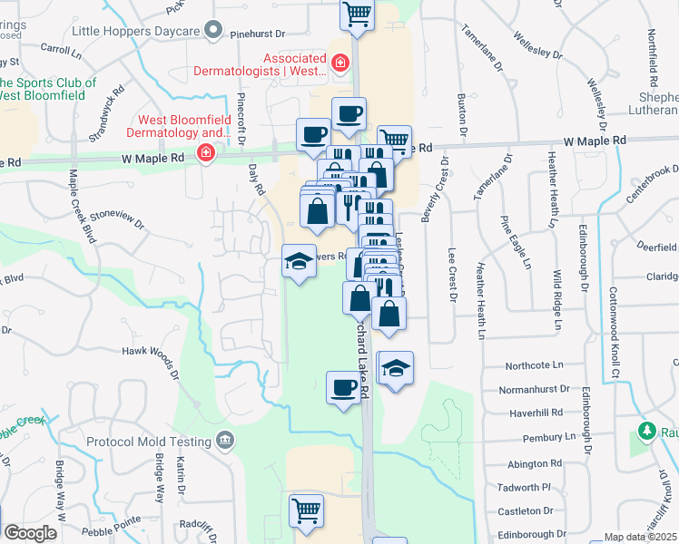 map of restaurants, bars, coffee shops, grocery stores, and more near 6750 Orchard Lake Road in West Bloomfield Township