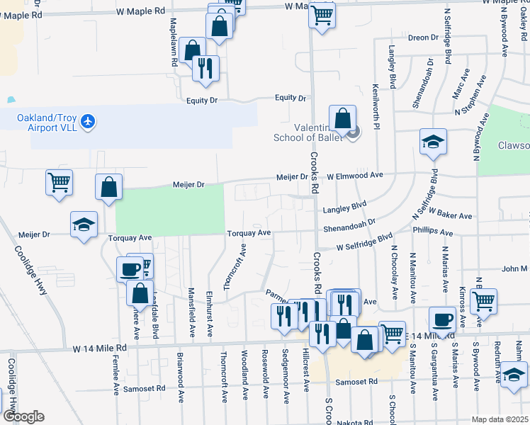 map of restaurants, bars, coffee shops, grocery stores, and more near 1960 Torquay Avenue in Royal Oak