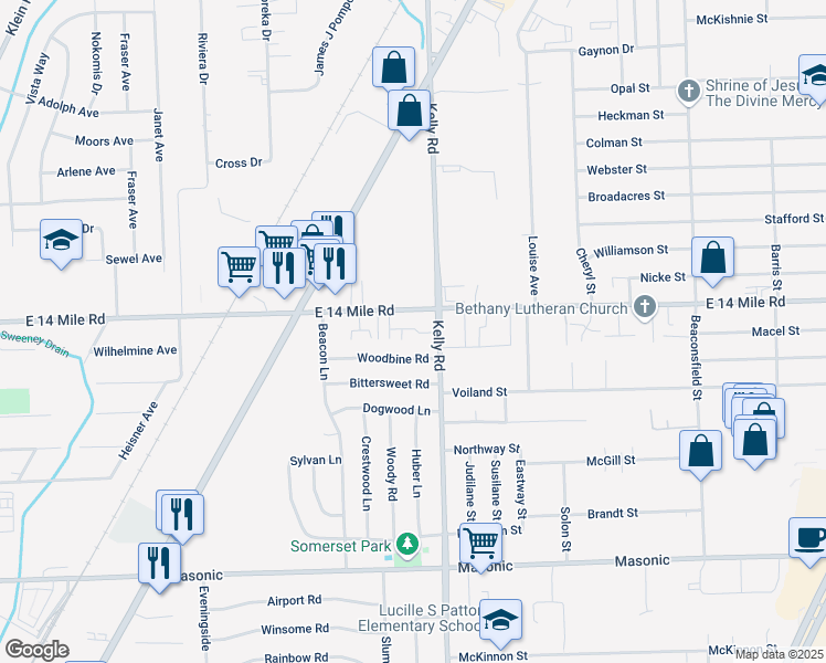 map of restaurants, bars, coffee shops, grocery stores, and more near 18600 East 14 Mile Road in Fraser