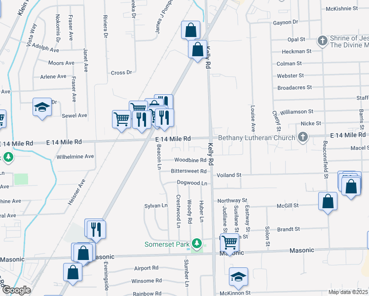 map of restaurants, bars, coffee shops, grocery stores, and more near 18530 East 14 Mile Road in Fraser