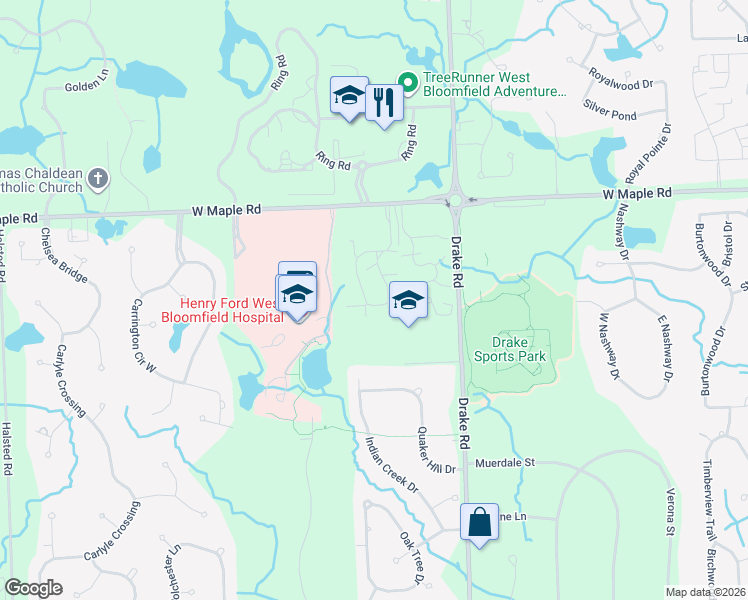 map of restaurants, bars, coffee shops, grocery stores, and more near 6660 Ridgefield Circle in West Bloomfield Township