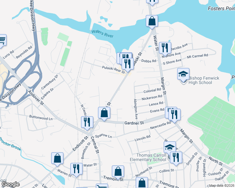 map of restaurants, bars, coffee shops, grocery stores, and more near 43 Pulaski Street in Peabody