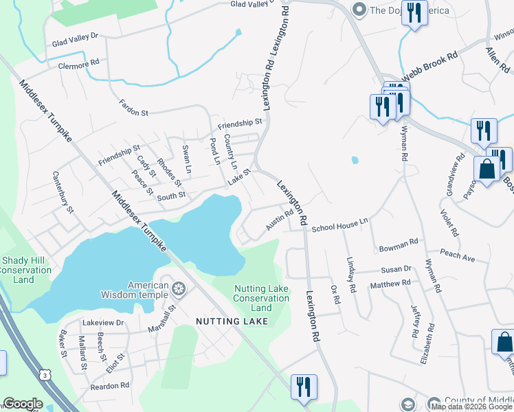 map of restaurants, bars, coffee shops, grocery stores, and more near 29 Monson Street in Billerica