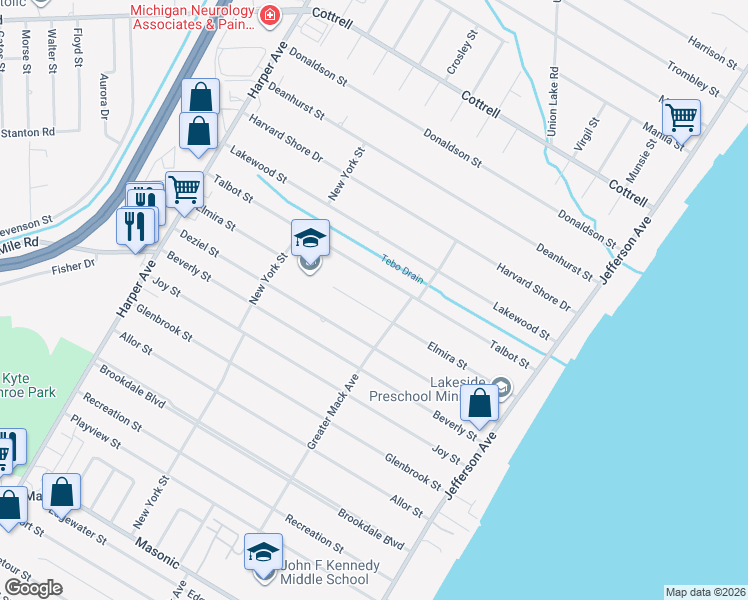 map of restaurants, bars, coffee shops, grocery stores, and more near 23625 Elmira Street in St. Clair Shores