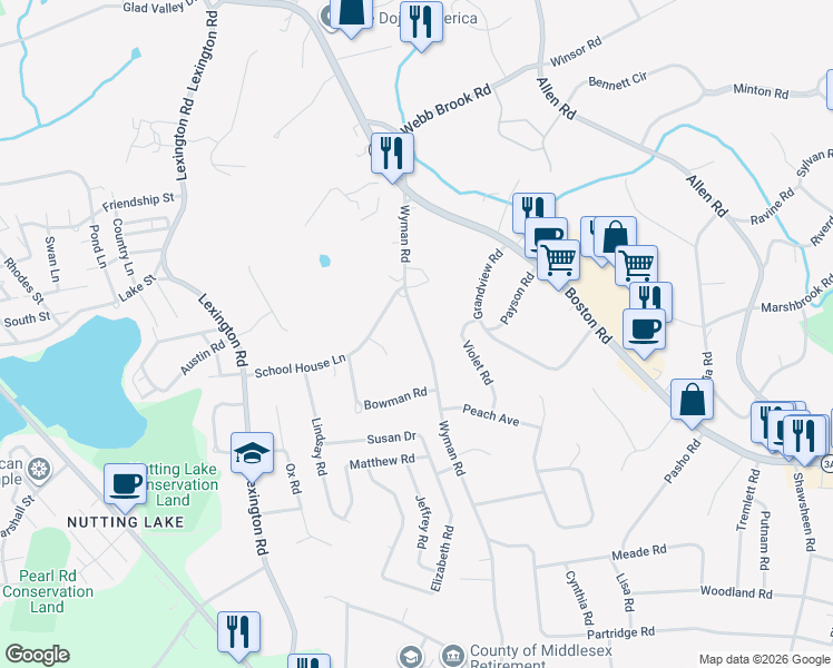 map of restaurants, bars, coffee shops, grocery stores, and more near 28 Wyman Road in Billerica