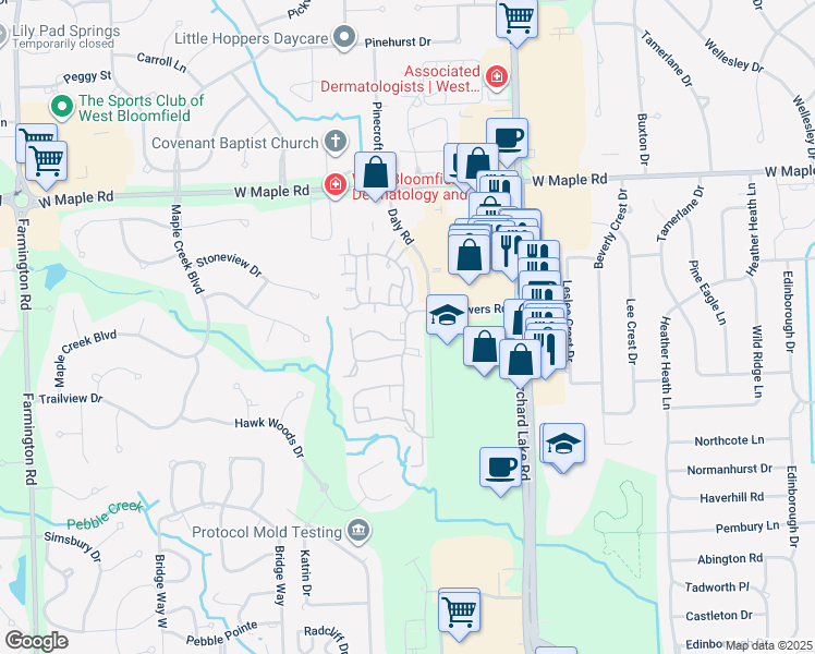 map of restaurants, bars, coffee shops, grocery stores, and more near 6879 Chimney Hill Drive in West Bloomfield Township