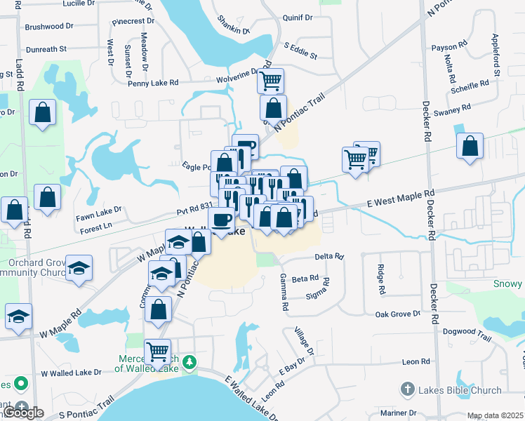 map of restaurants, bars, coffee shops, grocery stores, and more near 1121 East West Maple Road in Walled Lake