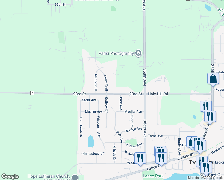 map of restaurants, bars, coffee shops, grocery stores, and more near 333 County Highway Z in Burlington