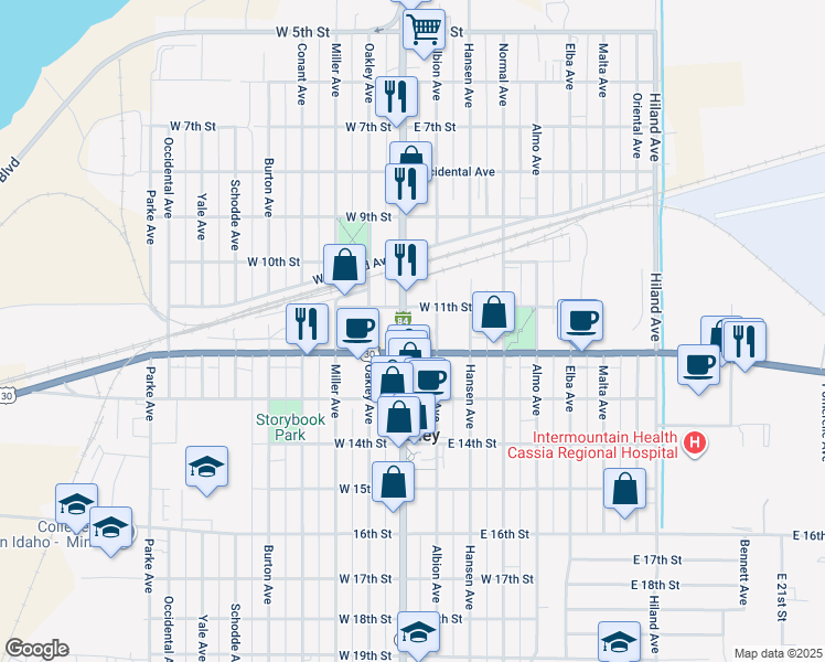 map of restaurants, bars, coffee shops, grocery stores, and more near 112 E Main St in Burley