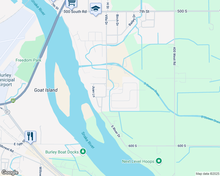 map of restaurants, bars, coffee shops, grocery stores, and more near 181 Villa Drive in Heyburn