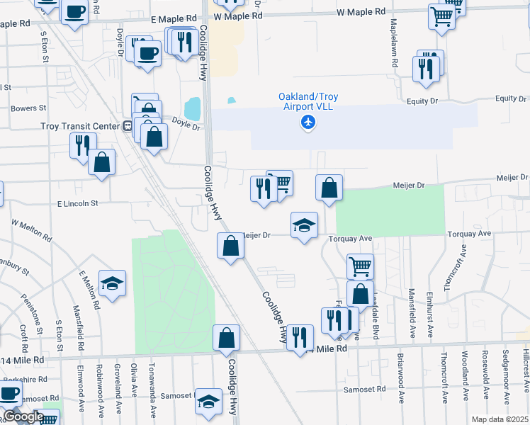 map of restaurants, bars, coffee shops, grocery stores, and more near 5150 Coolidge Highway in Royal Oak