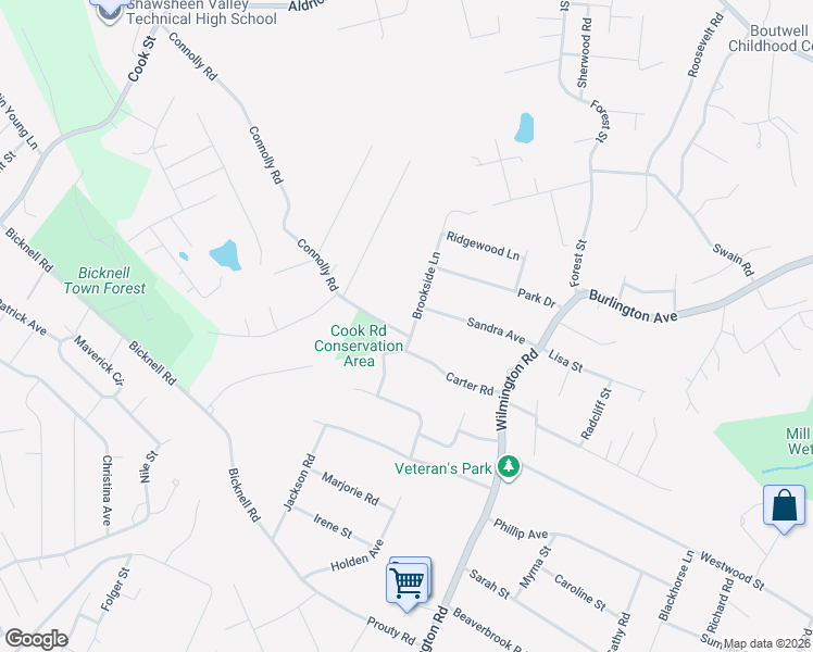 map of restaurants, bars, coffee shops, grocery stores, and more near 1 Brookside Lane in Burlington