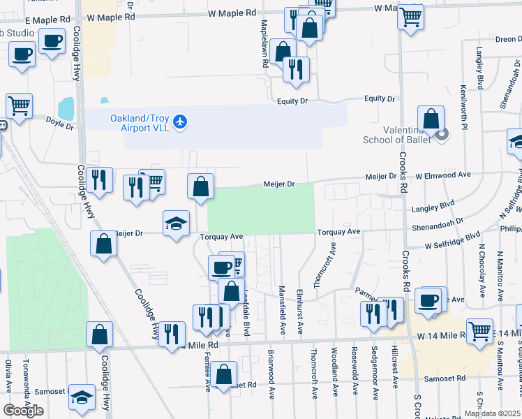 map of restaurants, bars, coffee shops, grocery stores, and more near 2598 Torquay Avenue in Royal Oak