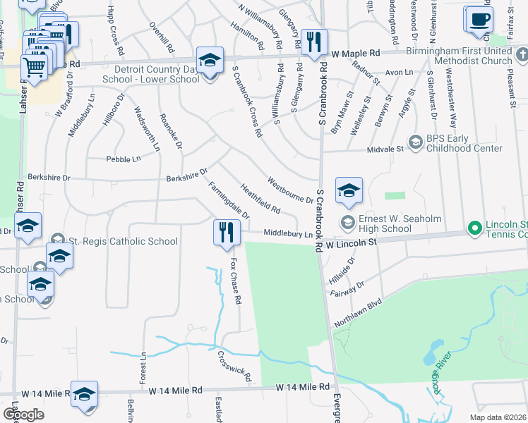 map of restaurants, bars, coffee shops, grocery stores, and more near 2687 Heathfield Road in Bloomfield Township