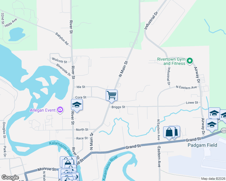 map of restaurants, bars, coffee shops, grocery stores, and more near 619 North Main Street in Allegan