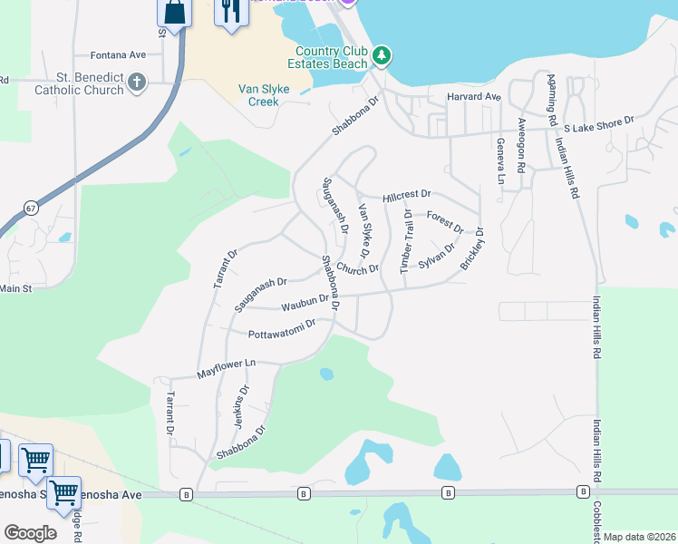 map of restaurants, bars, coffee shops, grocery stores, and more near 347 Church Drive in Fontana-on-Geneva Lake