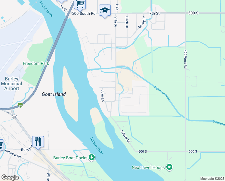 map of restaurants, bars, coffee shops, grocery stores, and more near 181 Villa Drive in Heyburn