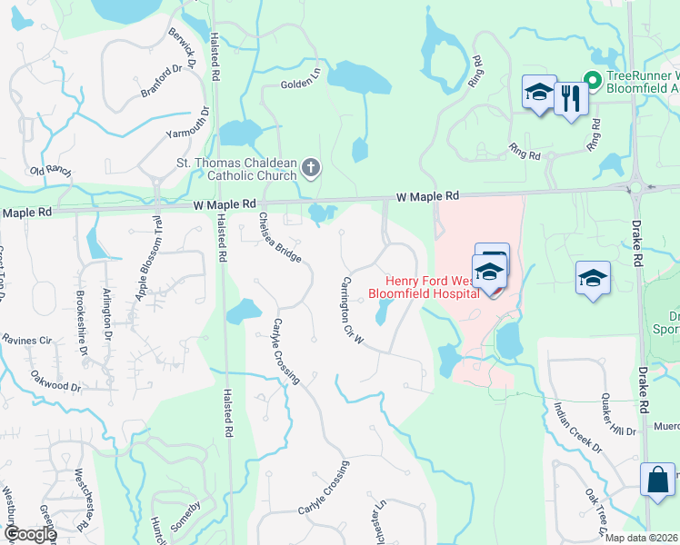 map of restaurants, bars, coffee shops, grocery stores, and more near 6900 Carrington Circle West in West Bloomfield Township