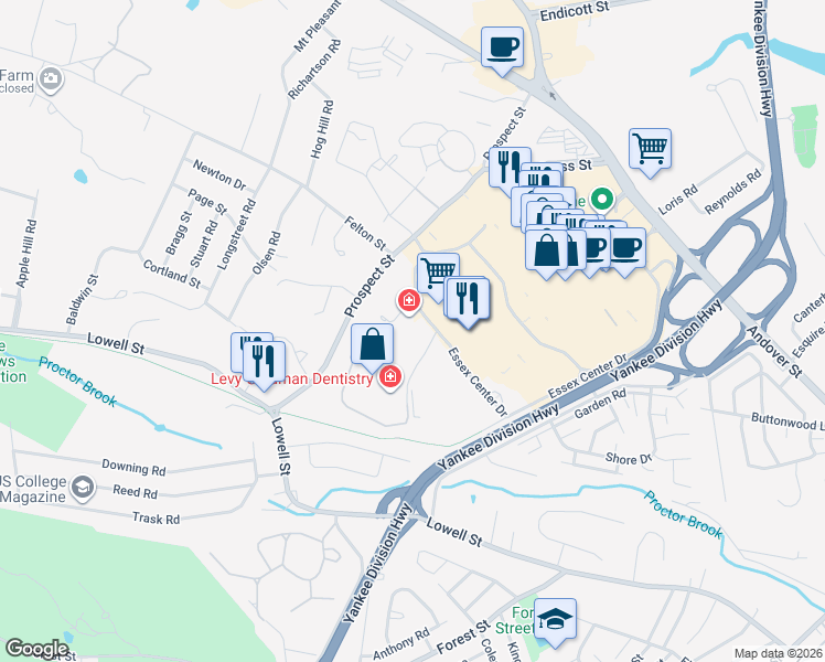 map of restaurants, bars, coffee shops, grocery stores, and more near 6 Essex Center Drive in Peabody