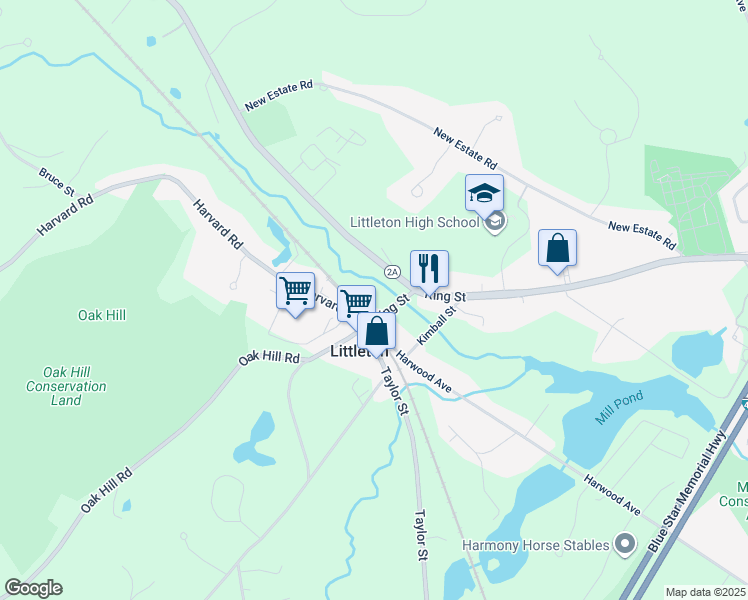 map of restaurants, bars, coffee shops, grocery stores, and more near 2 King Street in Littleton