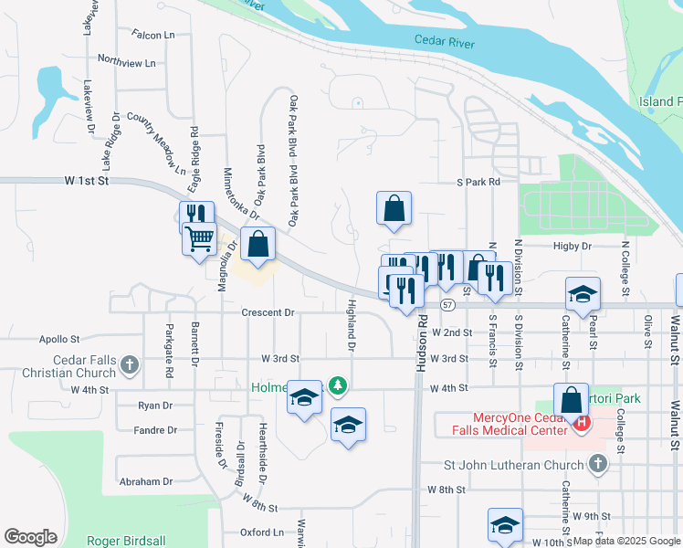 map of restaurants, bars, coffee shops, grocery stores, and more near 2006 West 1st Street in Cedar Falls