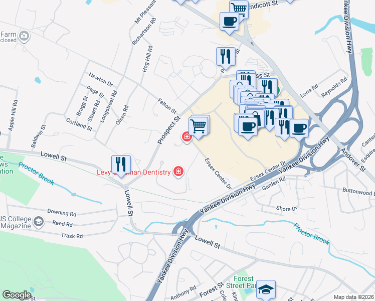 map of restaurants, bars, coffee shops, grocery stores, and more near 6 Essex Center Drive in Peabody