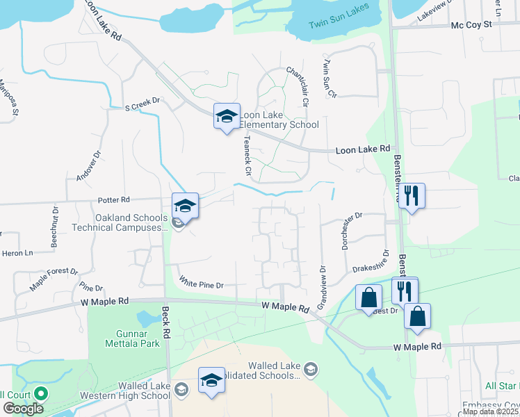 map of restaurants, bars, coffee shops, grocery stores, and more near 3201 Chesapeake Circle in Commerce Charter Township