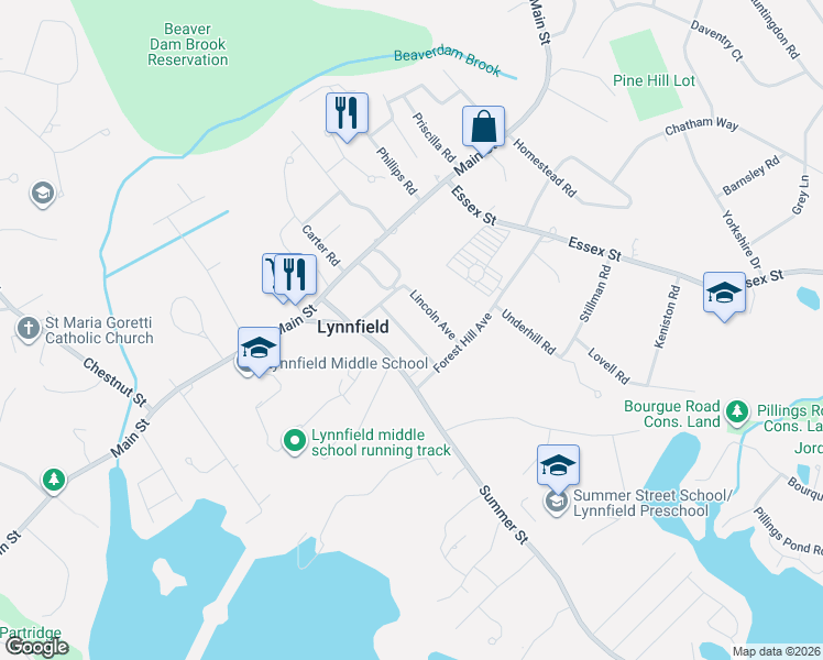 map of restaurants, bars, coffee shops, grocery stores, and more near in Lynnfield