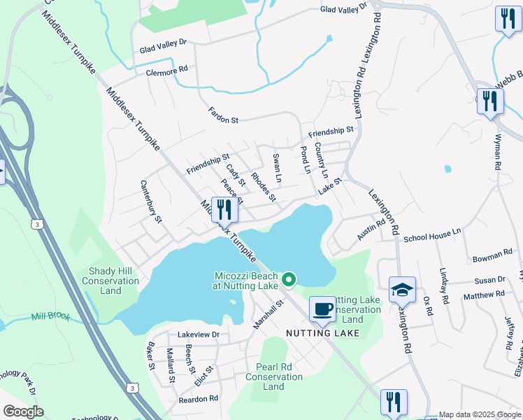 map of restaurants, bars, coffee shops, grocery stores, and more near 40 Lake Street in Billerica