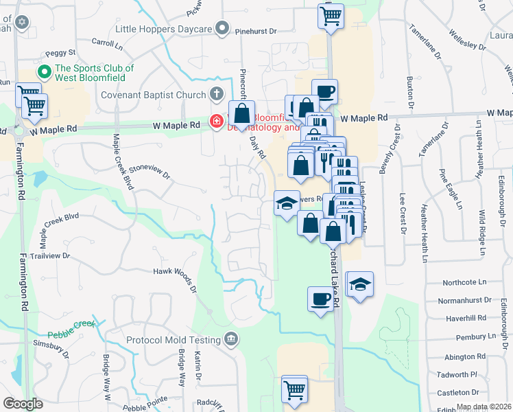 map of restaurants, bars, coffee shops, grocery stores, and more near 6879 Chimney Hill Drive in West Bloomfield Township