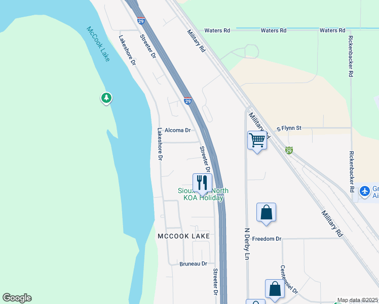 map of restaurants, bars, coffee shops, grocery stores, and more near 749 Streeter Drive in North Sioux City