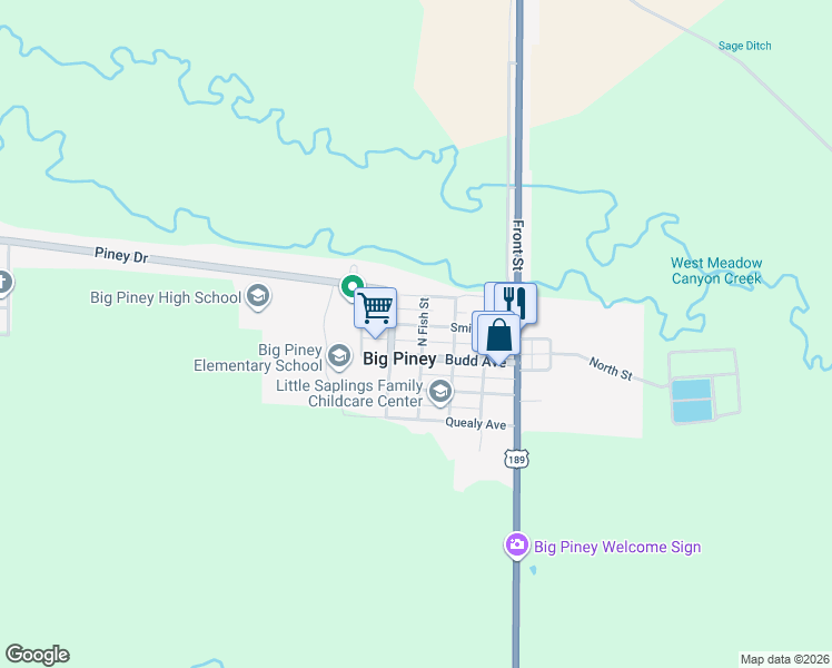 map of restaurants, bars, coffee shops, grocery stores, and more near 135 North Fish Street in Big Piney