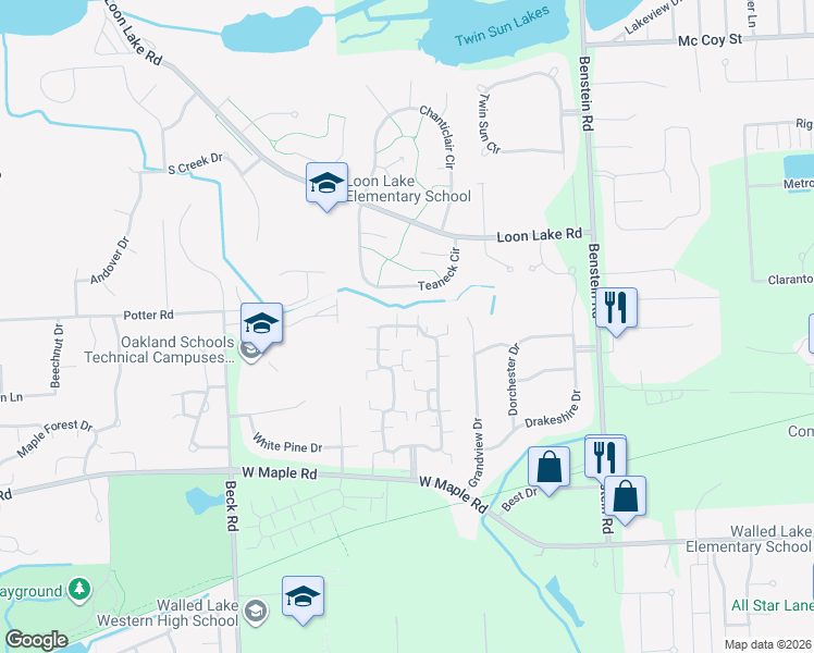 map of restaurants, bars, coffee shops, grocery stores, and more near 13209 Chesapeake Circle in Commerce Charter Township
