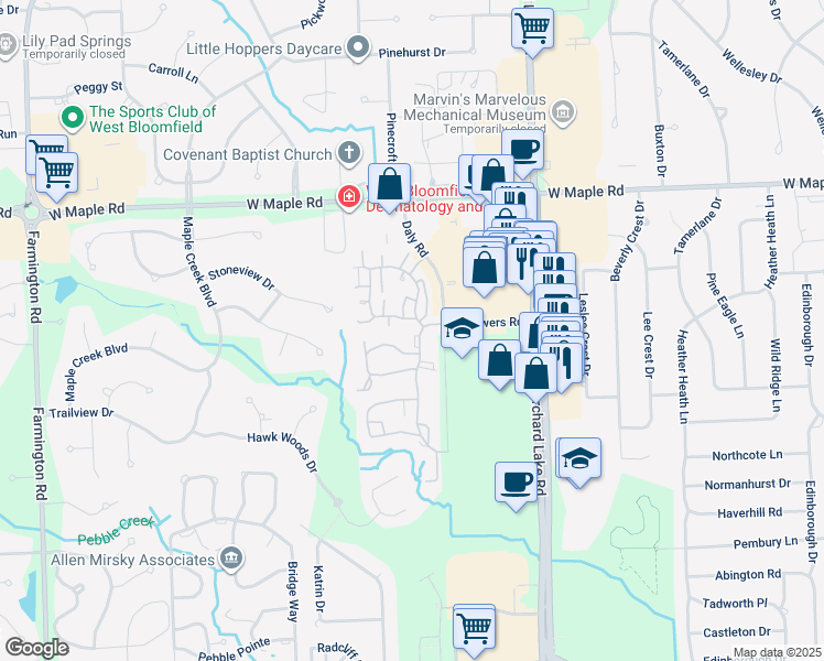 map of restaurants, bars, coffee shops, grocery stores, and more near 6879 Chimney Hill Drive in West Bloomfield Township