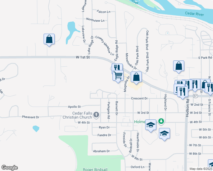 map of restaurants, bars, coffee shops, grocery stores, and more near 2209 Thunder Ridge Boulevard in Cedar Falls