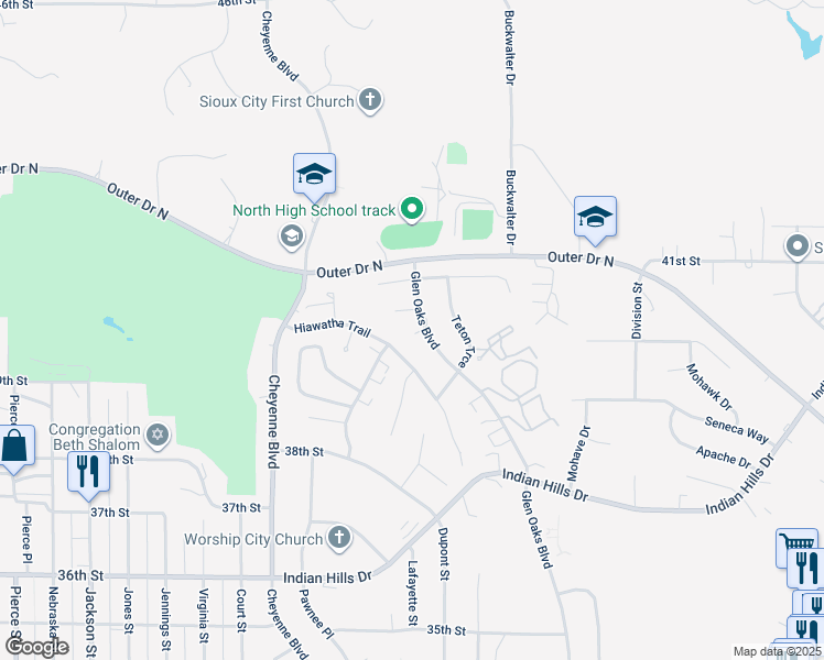 map of restaurants, bars, coffee shops, grocery stores, and more near 1455 Hiawatha Trail in Sioux City