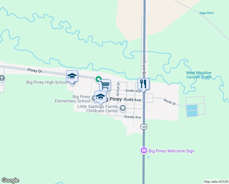 map of restaurants, bars, coffee shops, grocery stores, and more near 135 North Fish Street in Big Piney