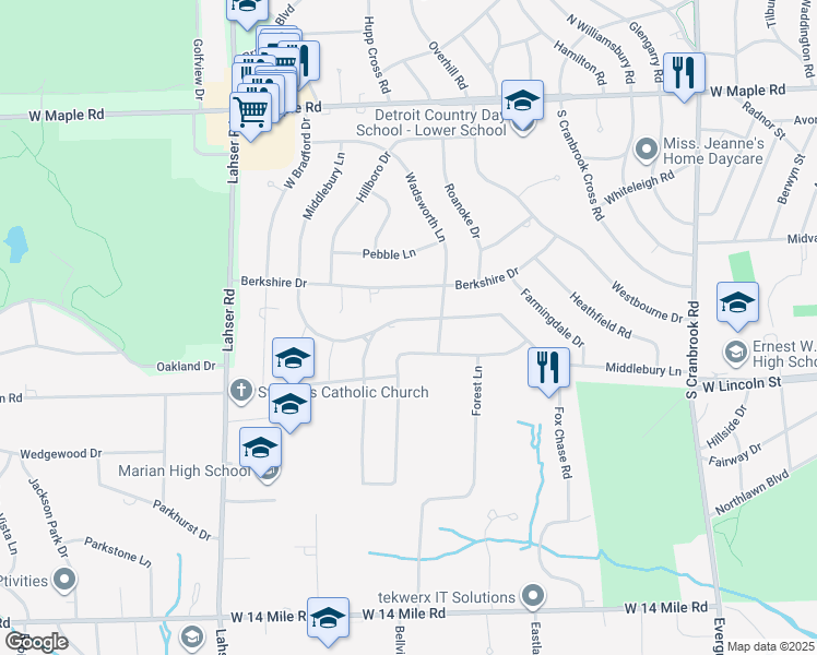 map of restaurants, bars, coffee shops, grocery stores, and more near 3135 Middlebury Lane in Bloomfield Hills