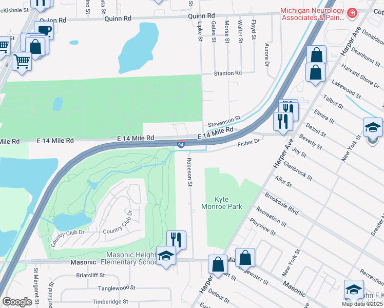 map of restaurants, bars, coffee shops, grocery stores, and more near 33108 Robeson Street in St. Clair Shores