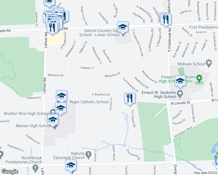 map of restaurants, bars, coffee shops, grocery stores, and more near 3023 Middlebury Lane in Bloomfield Hills