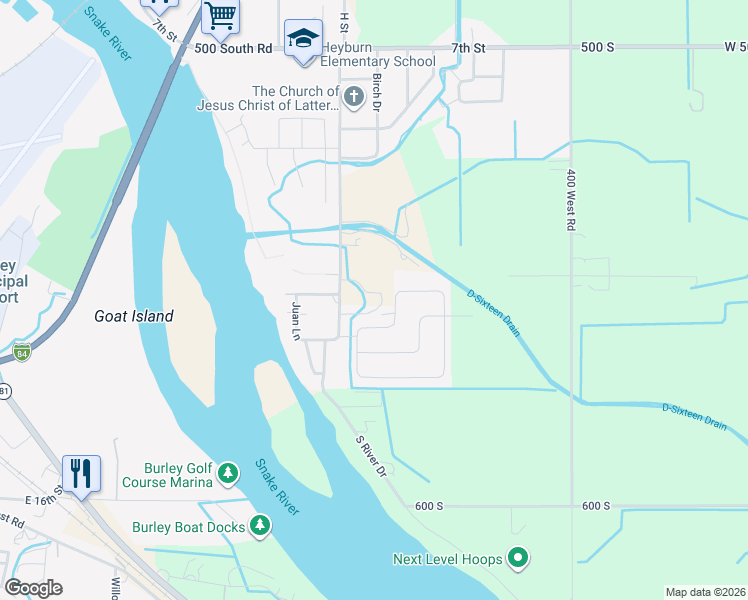 map of restaurants, bars, coffee shops, grocery stores, and more near 201 Villa Drive in Heyburn