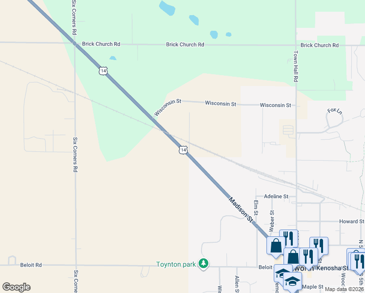 map of restaurants, bars, coffee shops, grocery stores, and more near N1307 U.S. 14 in Walworth
