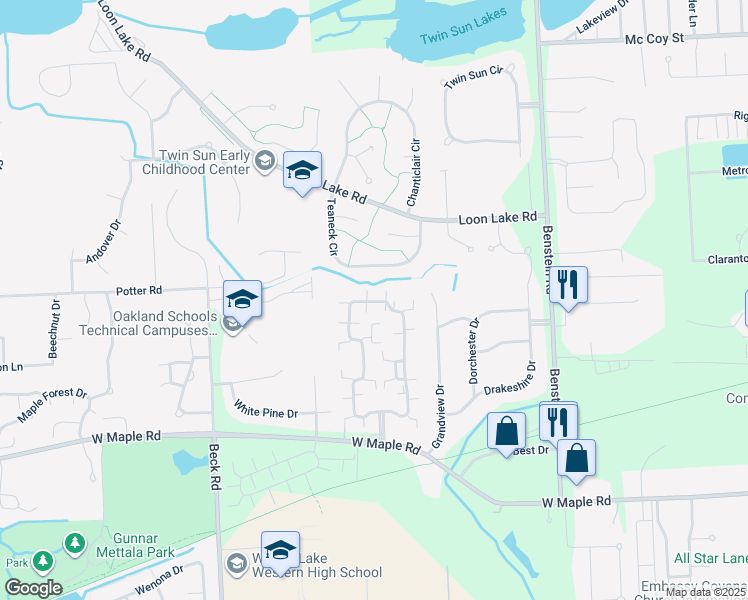 map of restaurants, bars, coffee shops, grocery stores, and more near 6211 Chesapeake Circle in Walled Lake