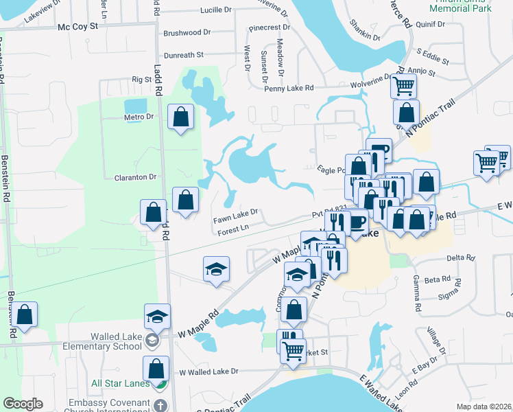 map of restaurants, bars, coffee shops, grocery stores, and more near 95 Fawn Lake Drive in Walled Lake