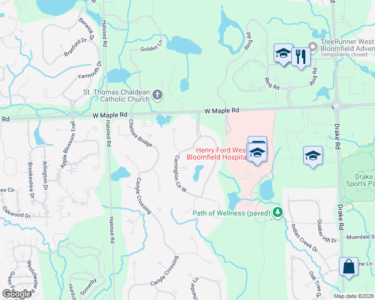 map of restaurants, bars, coffee shops, grocery stores, and more near 6845 Carrington Circle West in West Bloomfield Township