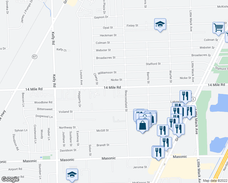 map of restaurants, bars, coffee shops, grocery stores, and more near 19530 Stanford Lane in Roseville