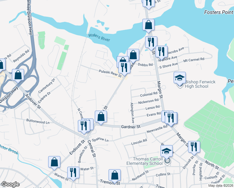 map of restaurants, bars, coffee shops, grocery stores, and more near 43 Pulaski Street in Peabody