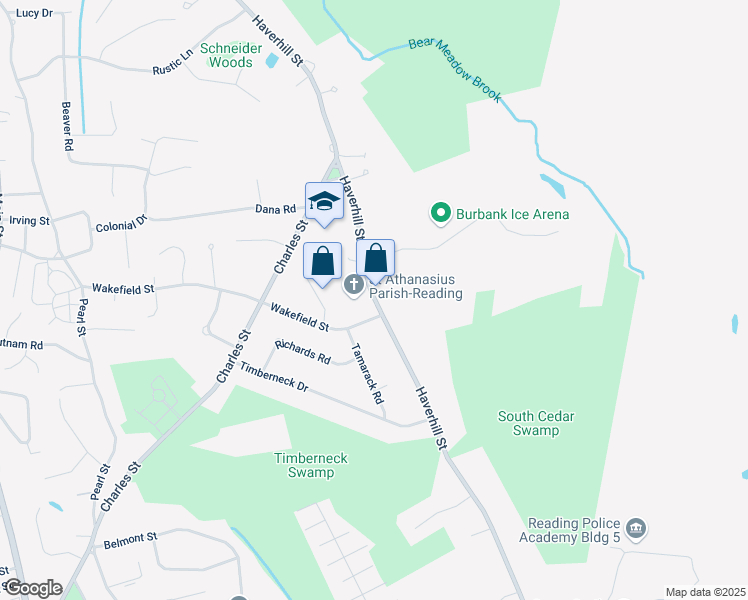 map of restaurants, bars, coffee shops, grocery stores, and more near 320 Haverhill Street in Reading